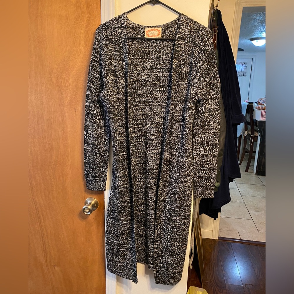 Long black, gray, white sweater